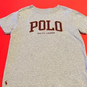 Polo by Ralph Lauren boys Gray Short Sleeve Logo Tee with Maroon Trim
